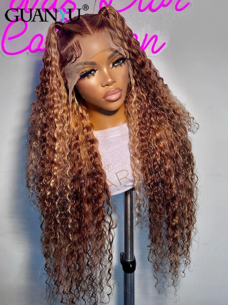 30 32Inch 4/27 Highlight Lace Front Wig Deep Wave Honey Blonde 13x6 HD Transparent Curly Human Hair Lace Frontal Wig