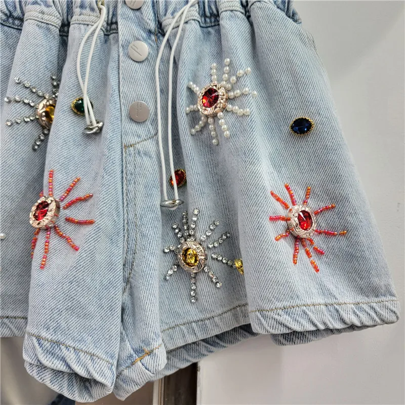 Heavy Industry Color Beads Rhinestones Denim Shorts High Waist Slimming Wide-Leg Shorts 2023 Spring Summer New Short Pants Women