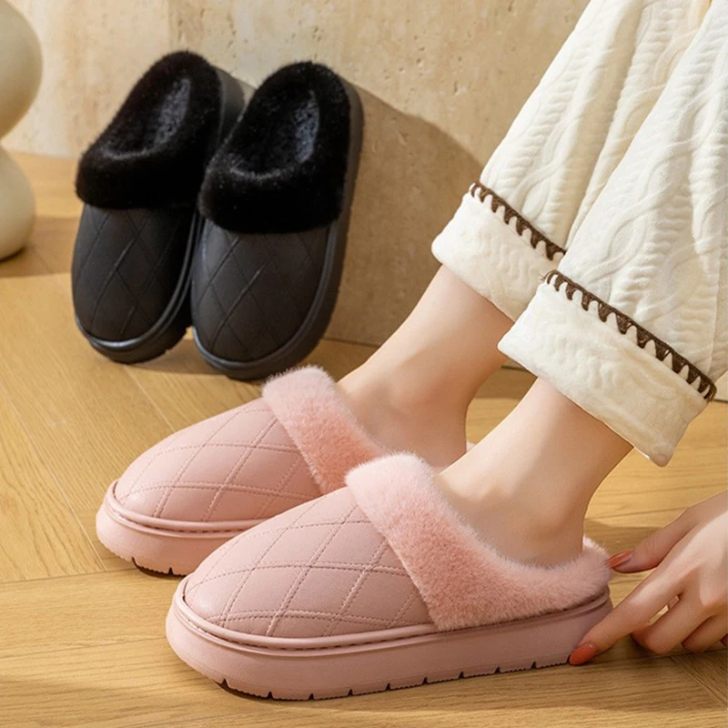 

Platform Women Plush Slippers Fashion Winter Slipper Men Casual House Fluffy Flats Soft Sole Non-slip Couples Home Warm Slides