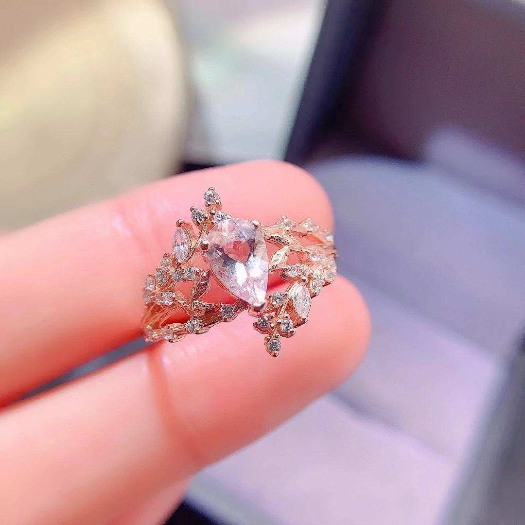 925 Silver Morganite Ring for Party 5*7mm 0.6ct Natural Morganite Jewelry Sterling Silver Gemstone Jewelry with 18K Gold Plated