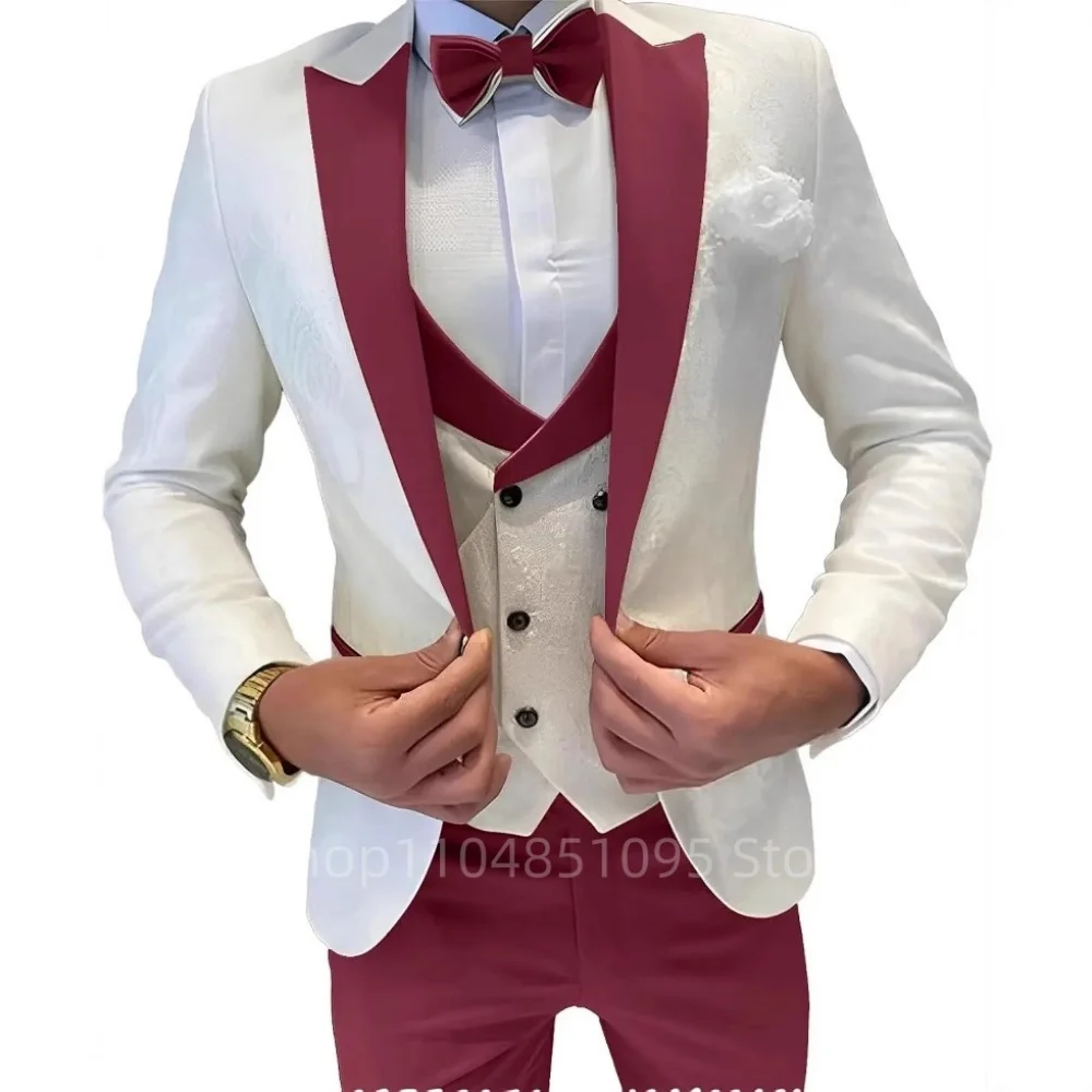 Jacquard Men's Suits Regular Fit 3 Pieces Blazer+Vests+Pants Double Breasted Vest Prom Tuxedos Business Set Wedding Men Clothes