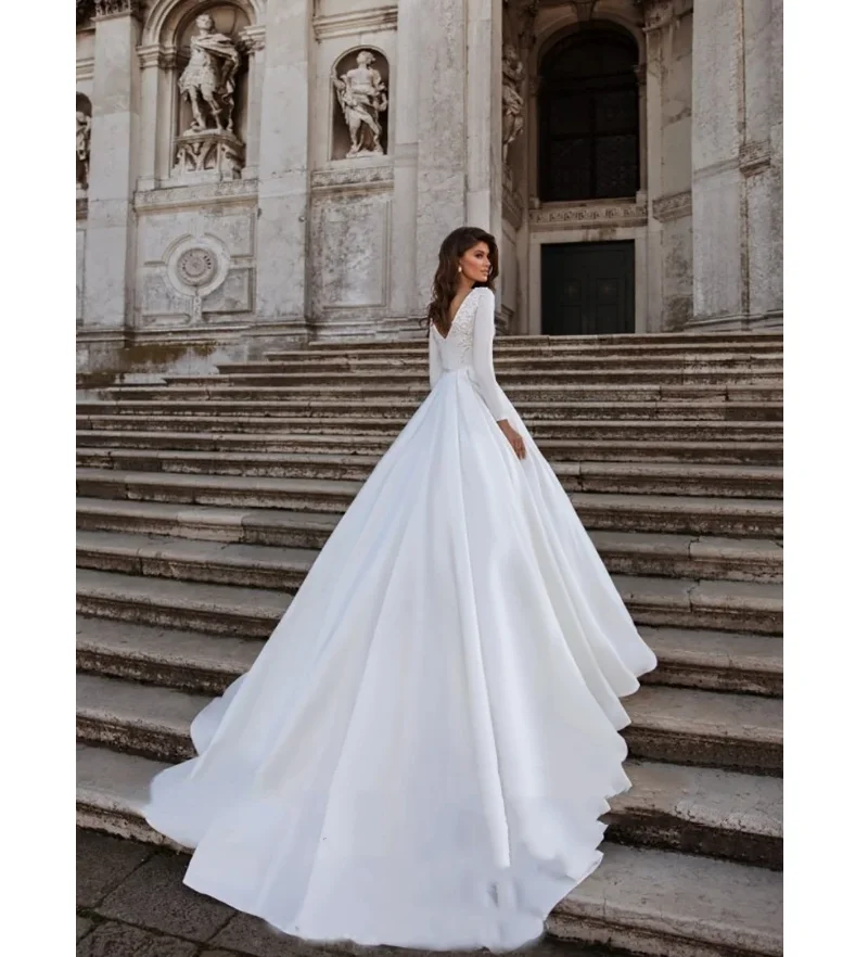 Vestido de noiva sem encosto com trem, manga longa, linha A, cristal frisado, até o chão, vestido de noiva branco, baile de casamento, apliques, decalque