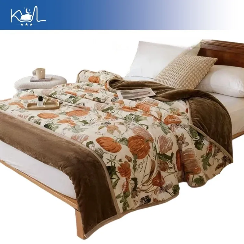 

Роскошное двустороннее одеяло из молочного вельвета с винтажным ботаническим принтом тыквы, теплое и уютное покрывало для кровати и дивана, мягкое плюшевое одеяло