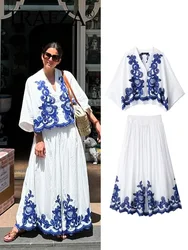 TRAFZA 2024 Women Skirt Set Blue Embroidery Three Quarter Bat Sleeve Shirt +Folds A Line Long Skirt Casual Loose Beach Holiday