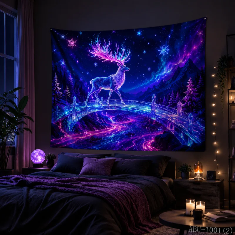 VIKAMA Purple Blue Starry Sky Ice Crystal Bridge Elk Christmas Tapestry HD Background Cloth Holiday Atmosphere Room Decoration