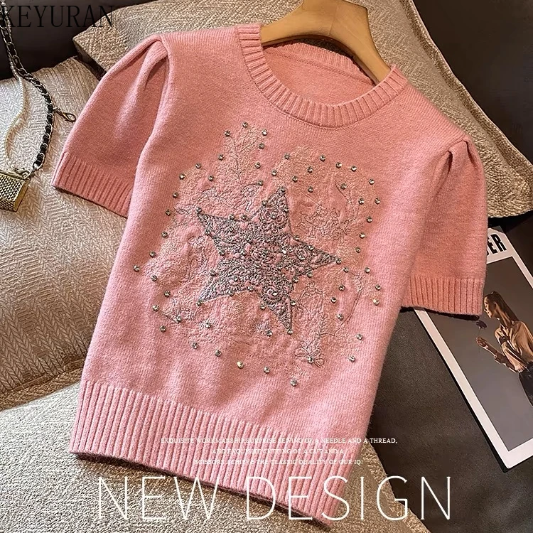 2024 Srping Summer Star Embroidery Diamonds Sweater Women Pullover Vintage Short Sleeve O-Neck Knitwear Tops Jumper Pull Femme