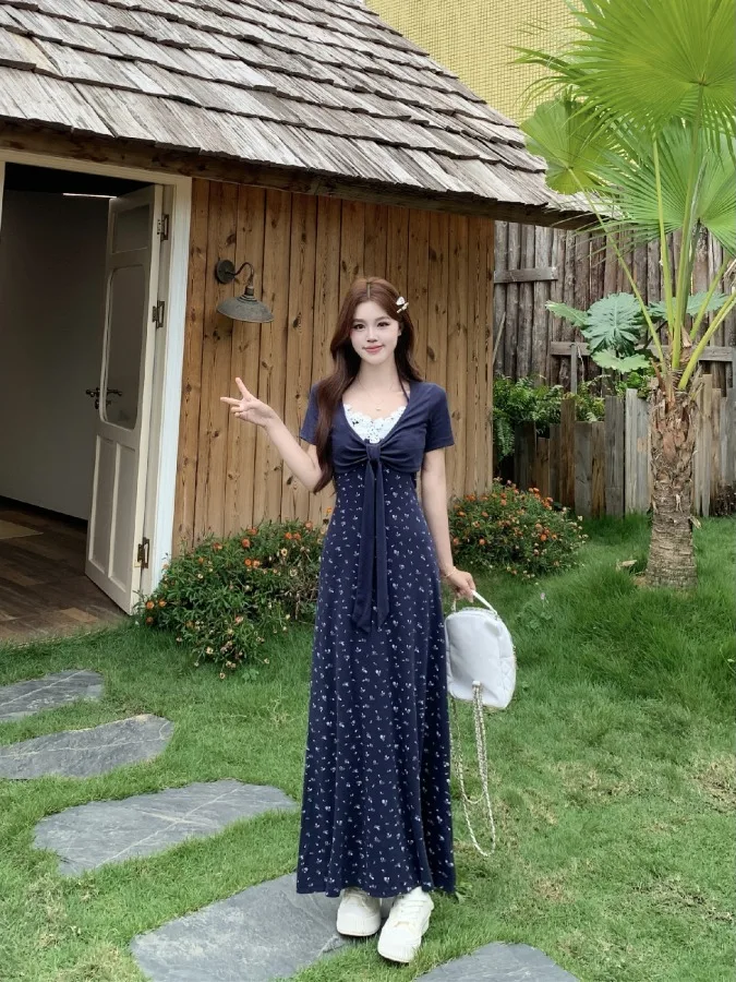 

plus Size Fashion Set Summer New Design Sense Knot Short Sleeve Top Elegant Floral Halter Dress Korean Style Slim Fit High Waist