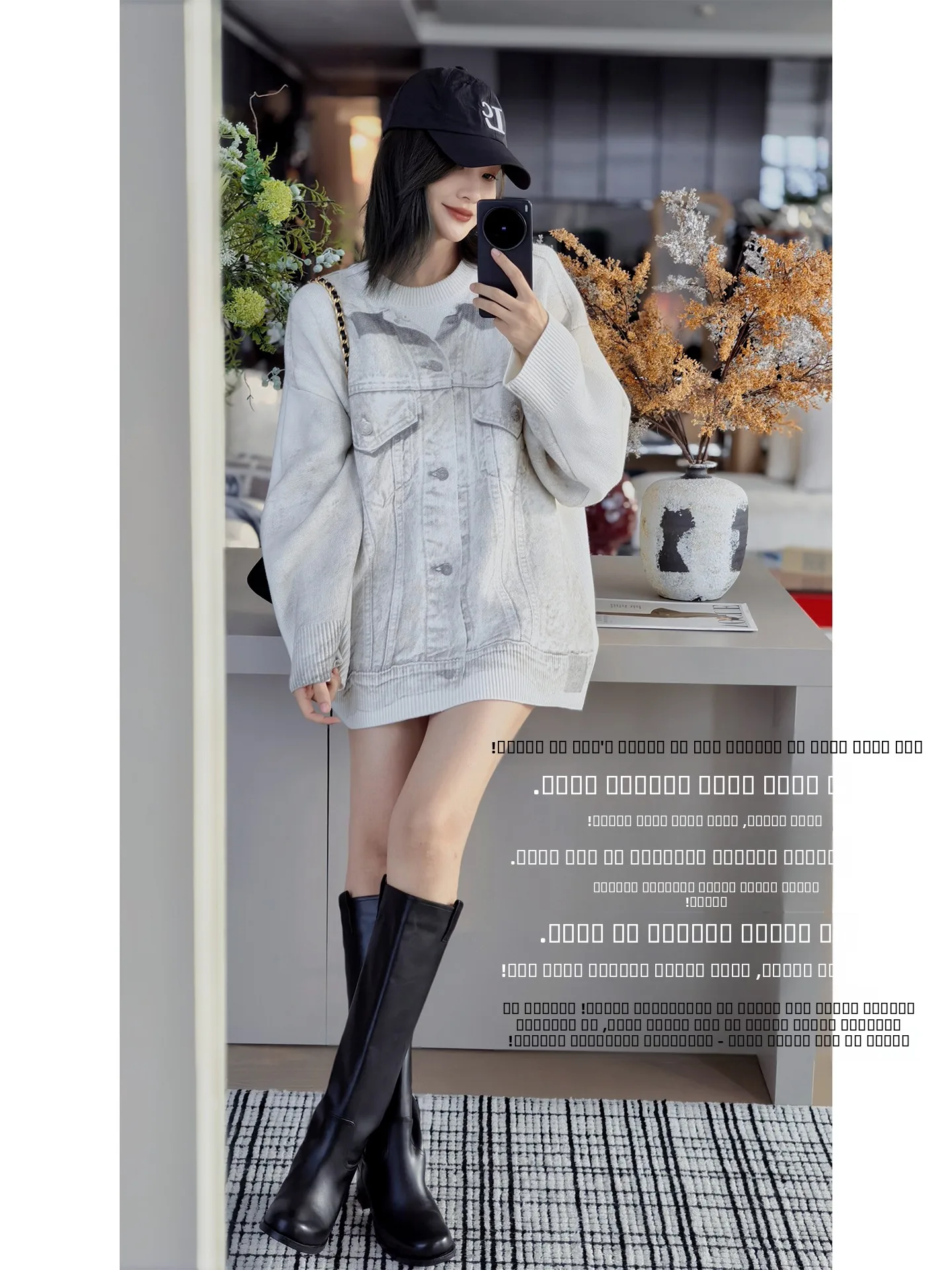 

MeiYang Fun Denim Print Knitted Sweater Loose Fit Soft Cotton Long Sve round Ne Casual Sle Women's Faion Winter 2025