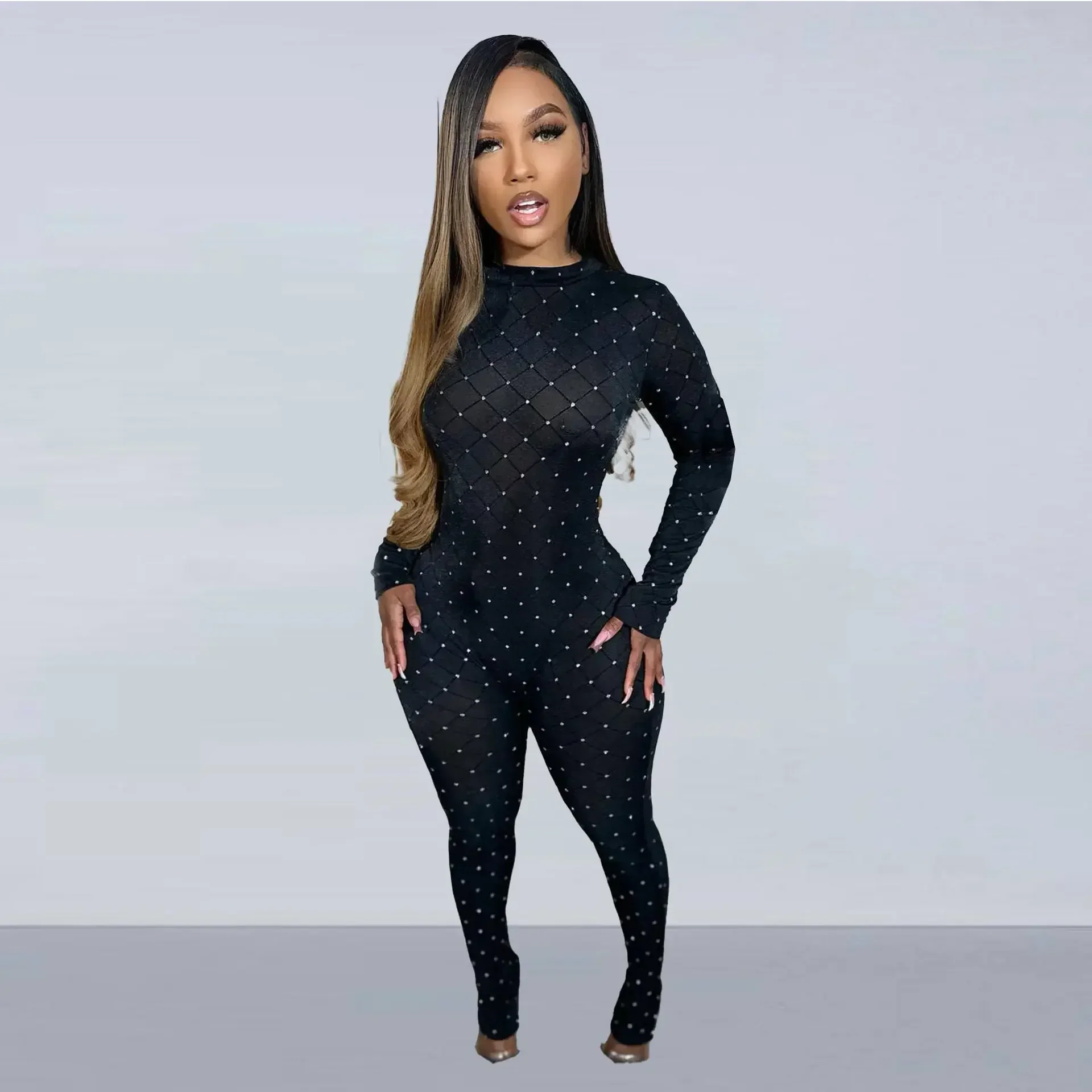 Women Mesh See Though Plaid Long Sleeve Jumpsuit 2024 Chic Sexy Party Clubwear One Piece Suit Romper Playsuit