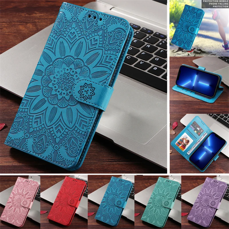 M33 M53 Case Embossed Fashion Sunflower Flip Leather Funda For Samsung Galaxy A13 A03 S A23 A53 A73 A33 A52S A32 A22 A12 Cover