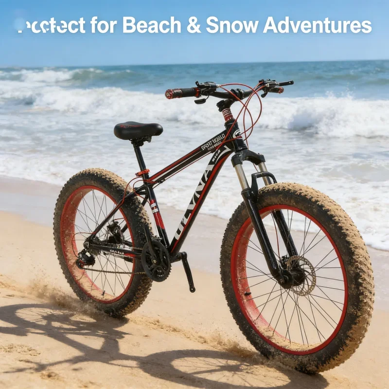 Rower śnieżny z grubymi oponami, 26 cali, czarno-czerwony, z szerokimi kołami, rower górski z przerzutkami i hamulcami tarczowymi dla studentów.
