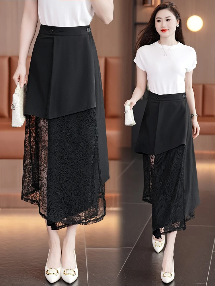 

Black Lace Patchwork High Waist A-Line Skirt Women's Summer Thin New Irregular Long Skirts Dreamy Elegant Commute Style