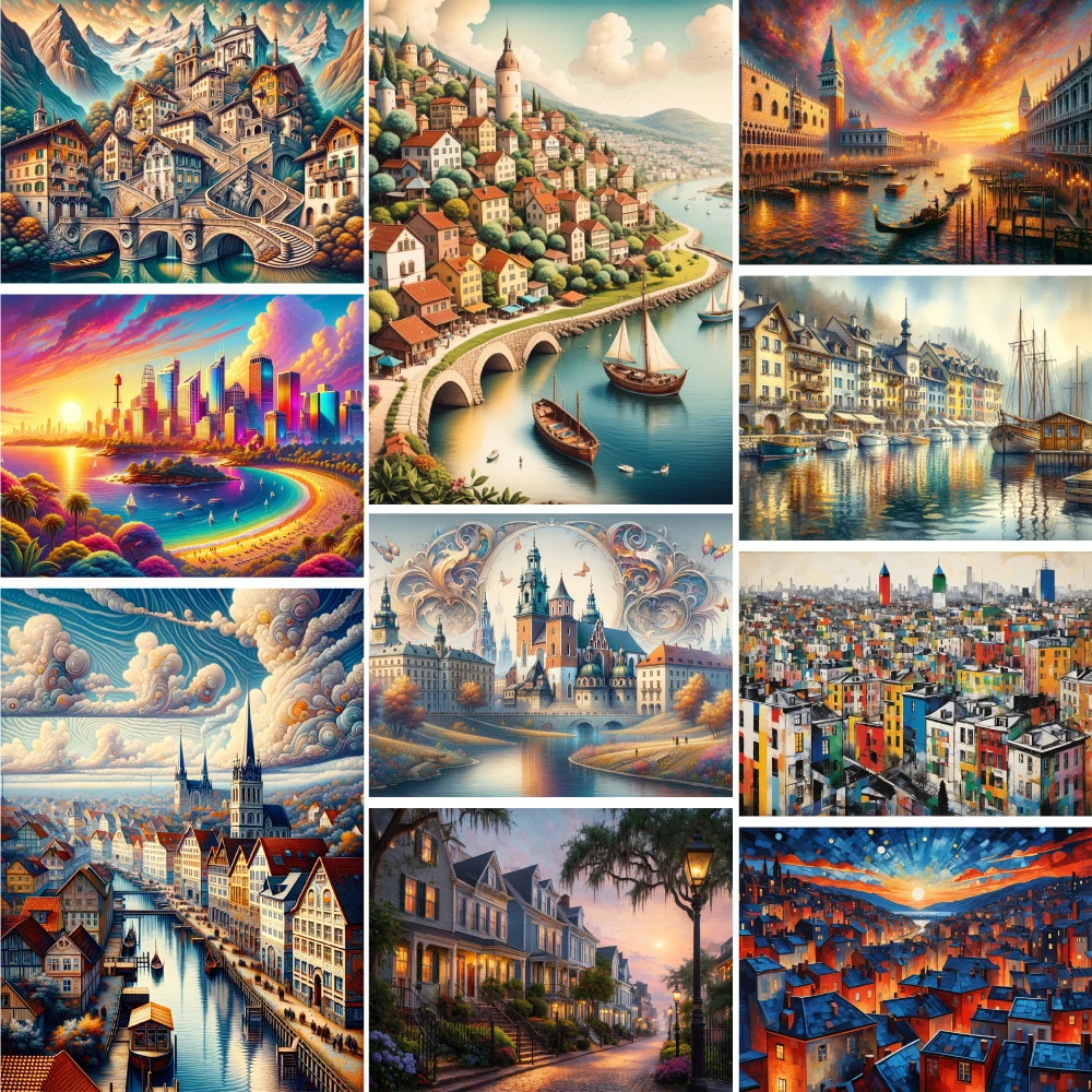 

Landscape City River Printed Canvas Cross Stitch Full Kit DIY Embroidery Painting Knitting Handicraft Sewing Package Sales Magic