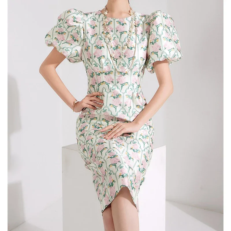 Chic Flower Printed Dress Women 2023 Summer Lantern Sleeve Bodycon Dresses Korean Business Streetwear Vestido Lady