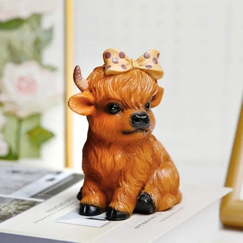 QX2E Detailed Scottish High Land Cow Resin Figure with Bowknot For Calf Lover Party Gift