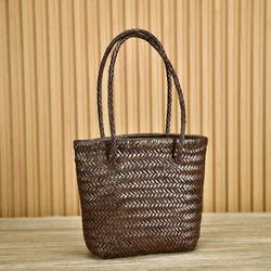 2024 Spring and summer new head layer cowhide braided bag French leather vegetable basket retro women's shoulder bag casual