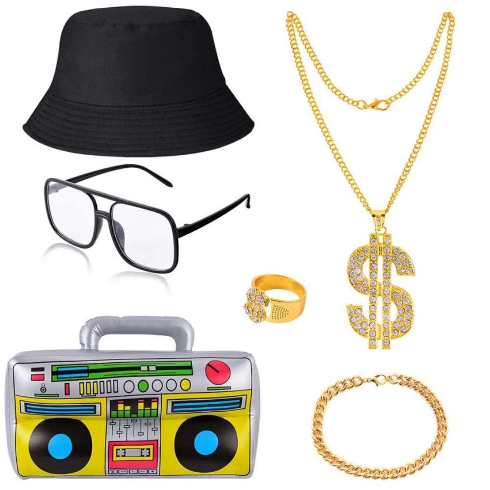 80s Hip-hop Flashy Party Halloween Carnival Party Costume Dollar Necklace Ring Bracelet Fisherman Hat Radio Trendsetter Props