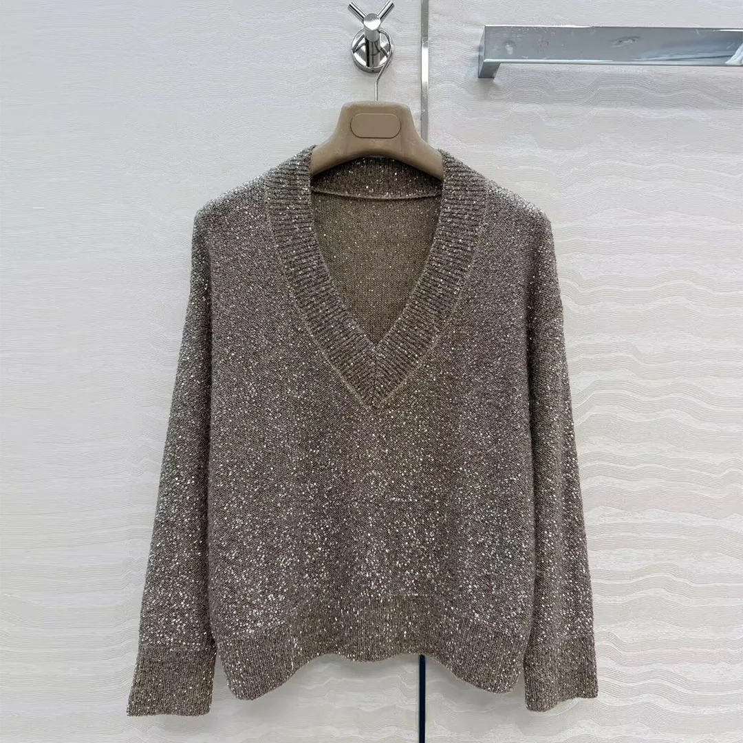 

Old Moeny Style Vintage Sequins Embroidery Luxury Knitted Jumper Women V-neck Long Sleeve Casual Loose Sweater