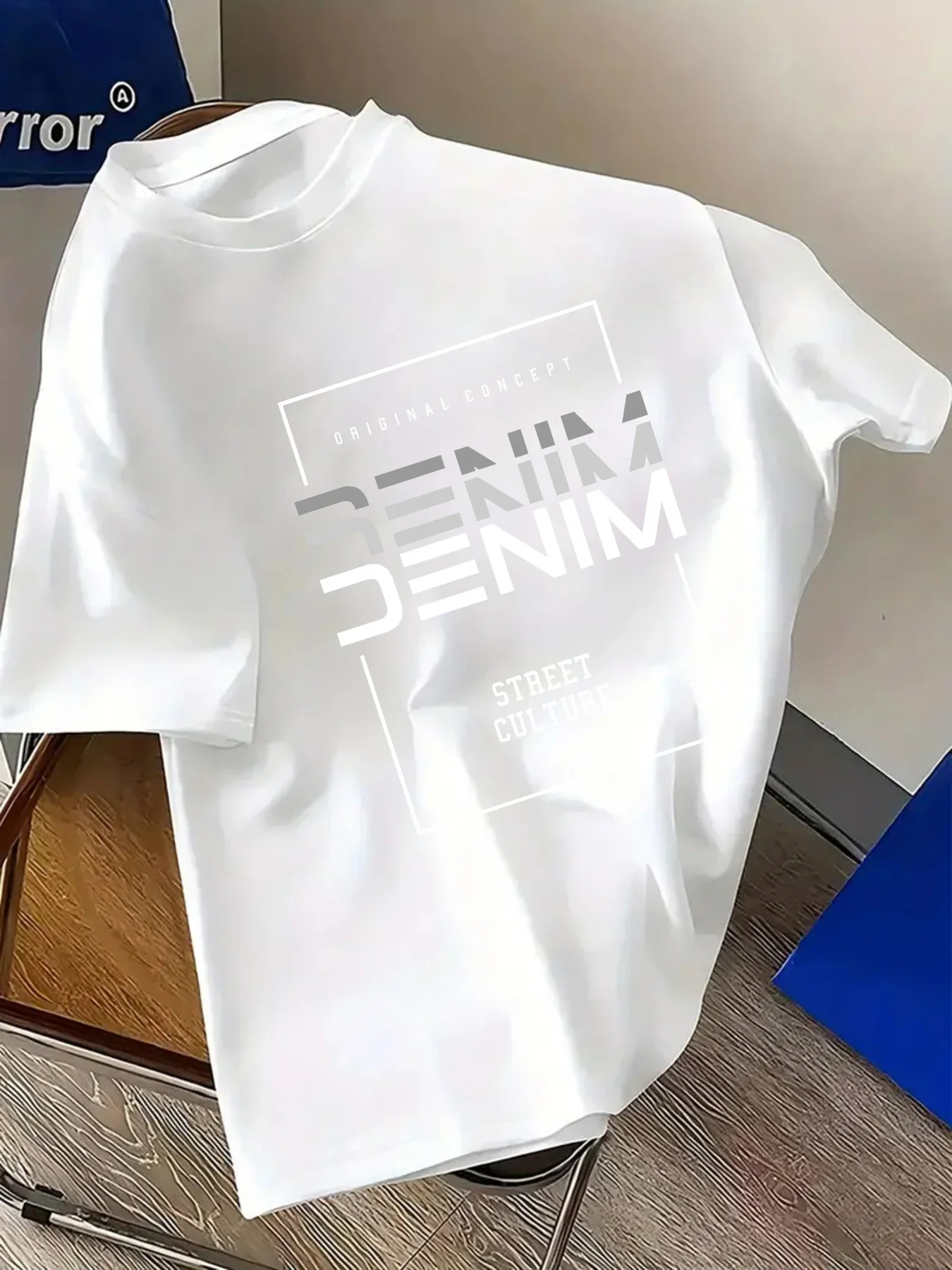 Urban Street Style Square Frame Street Culture Segmented Font Print Men's 100% Pure Cotton T-shirt Casual Crew Neck Top