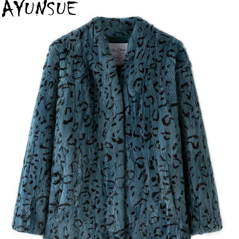 AYUNSUE Mink Real Fur Coat Winter Jacket Women Clothes Fashion Mid-long Coats Patchwork Female Mink Leopard Print Пальто Женское