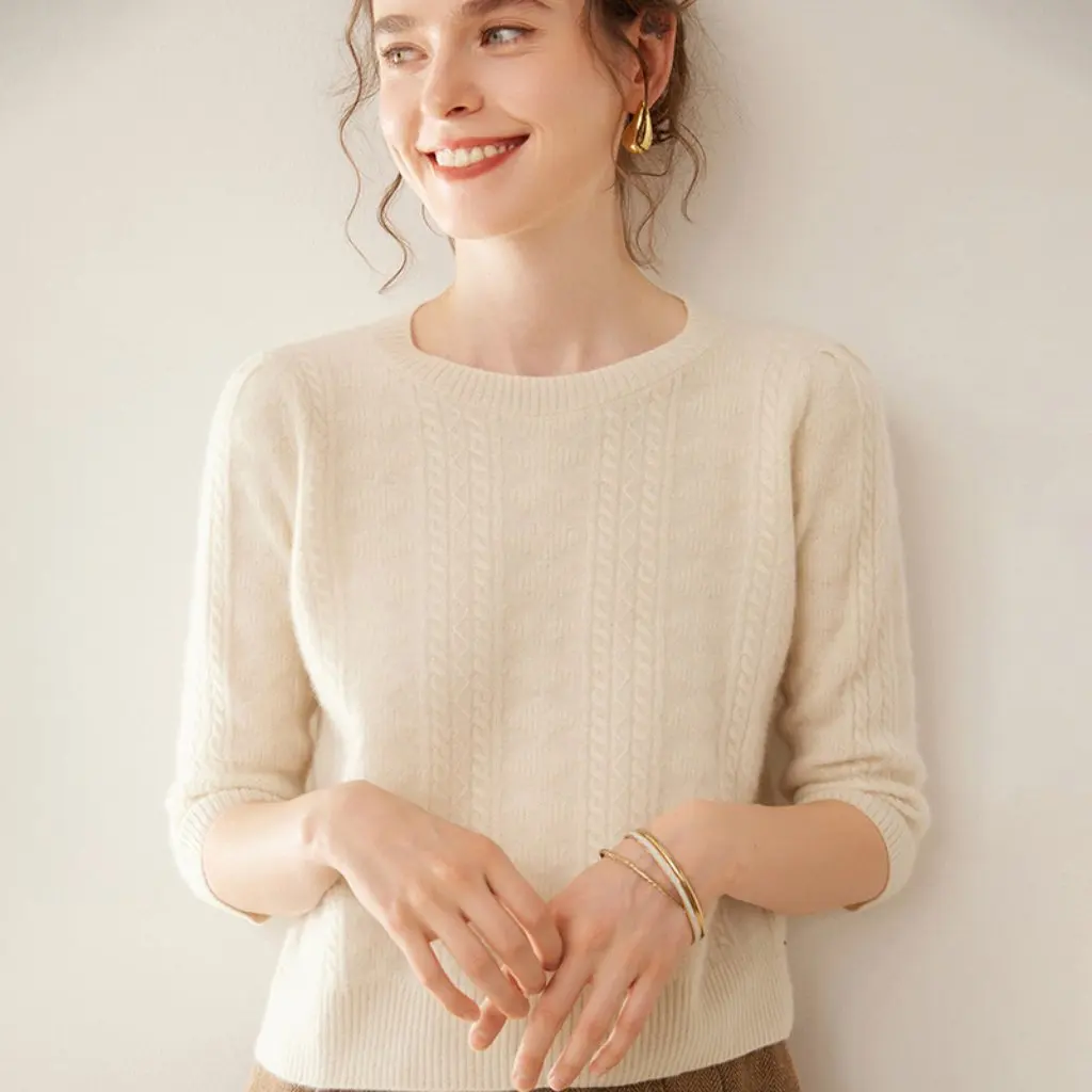 

Women's Cashmere Knitwear round Neck Pullover Elegant Casual Simple Fashion Spring Fall New Three-Quarter Sleeve Twisted