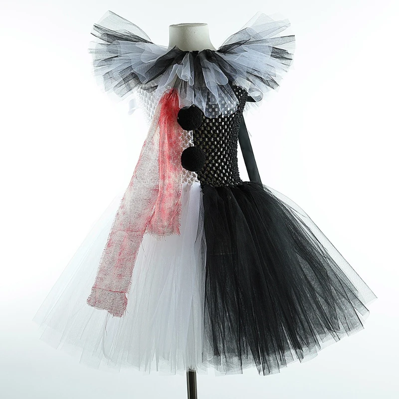 Puffy Skirt Set for Girls' Halloween Scary Clown Themed Stage, Thrilling Style Clown Carnival Party Clothing for Little Girls