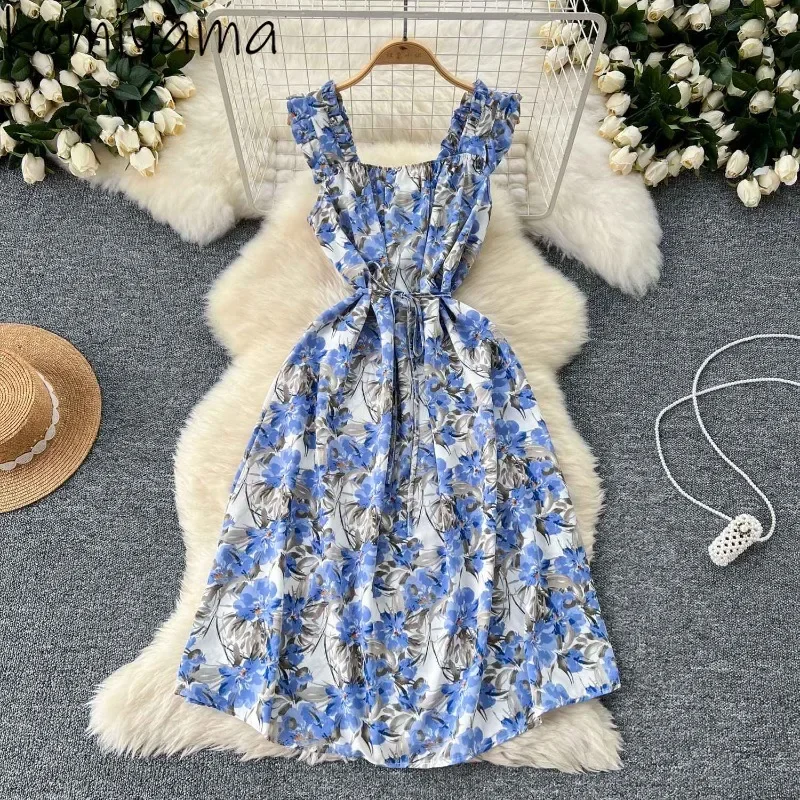 Broken Flower Vestidos Sweet Holiday Women 2025 Vestido Lace-up Tunic Dresses Summer Dress Sleeveless Clothing