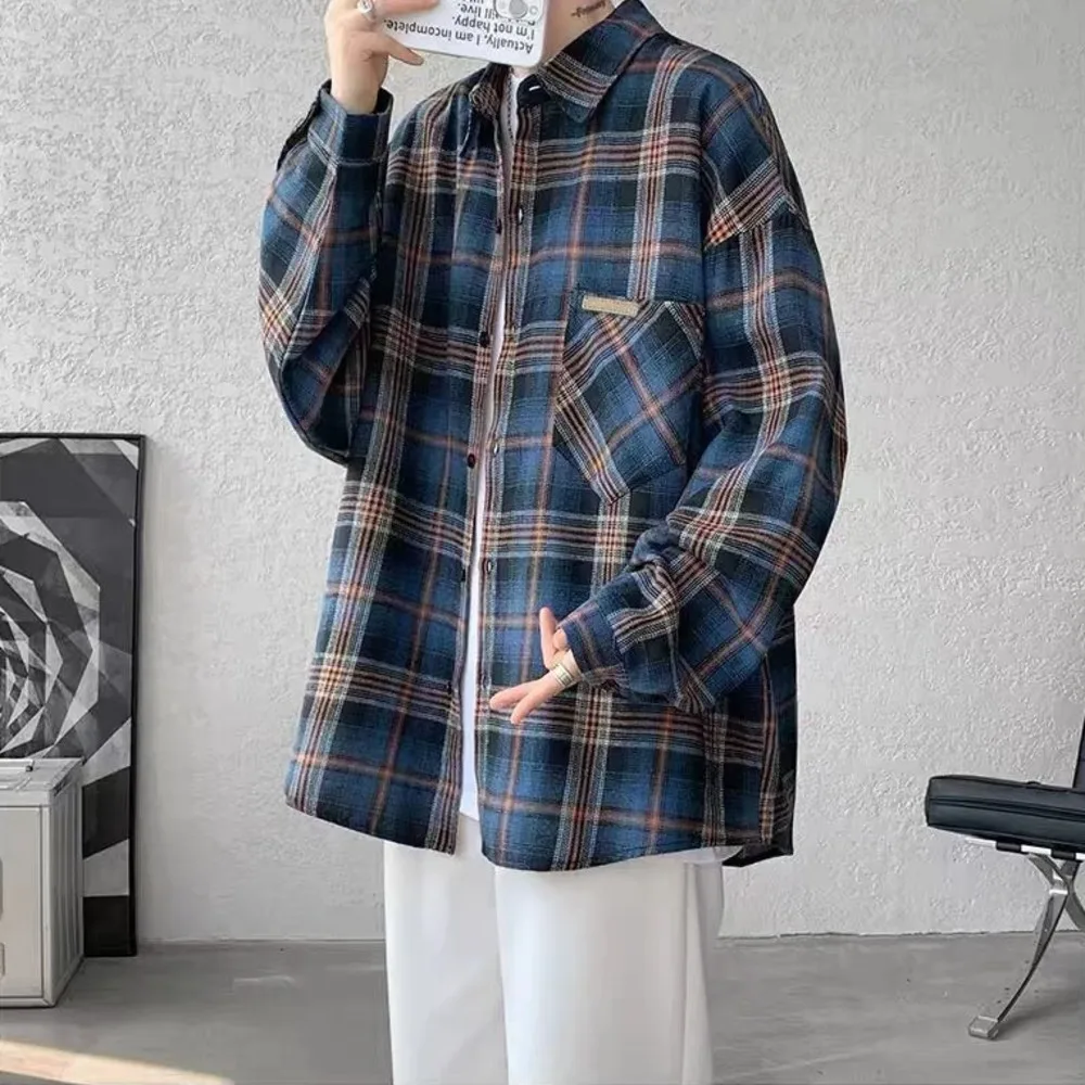 Checkered Shirt High Street Style Long Sleeve Cotton Loose Fit Vintage Plaid Top Unisex Street Fashion Autumn Winter Comfort