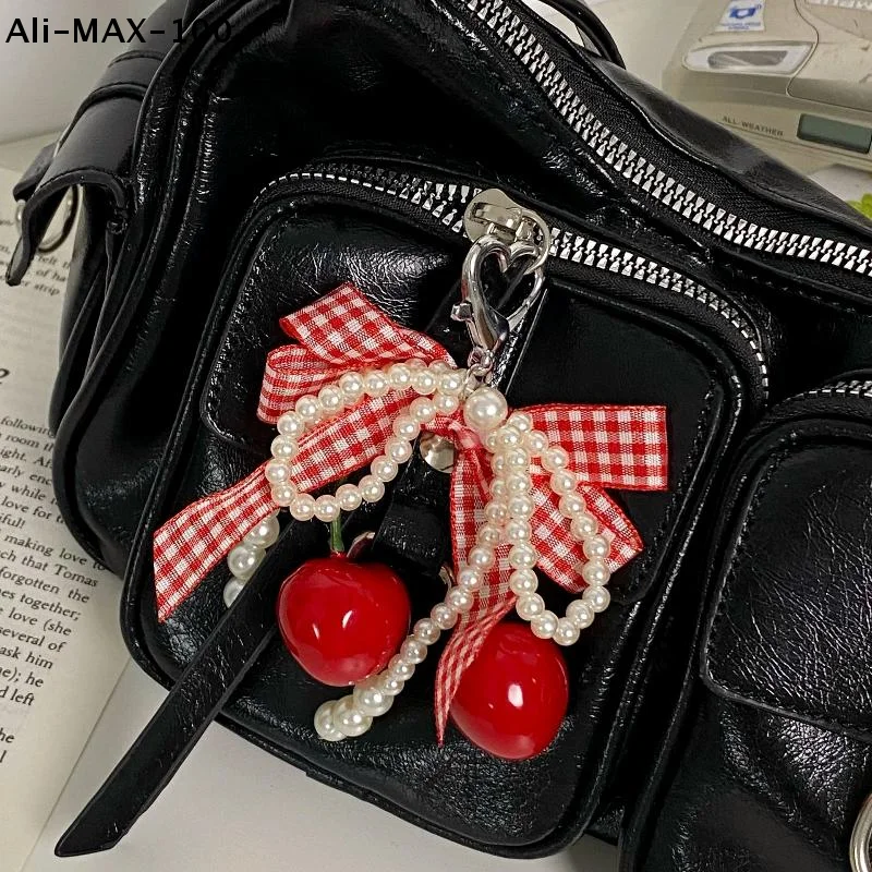 Llavero con Lazo a Cuadros de Cereza, Colgante con Perlas y Encaje, Joyería para Niñas y Mujeres, Decoración para Bolsos de Regalo
