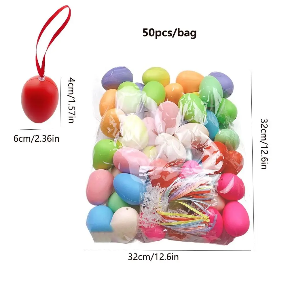 50Pcs DIY Paintable Easter Eggs Colorful Plastic Lightweight Plastic Fake Egg with Lanyard Handmade Easter Party Decoration
