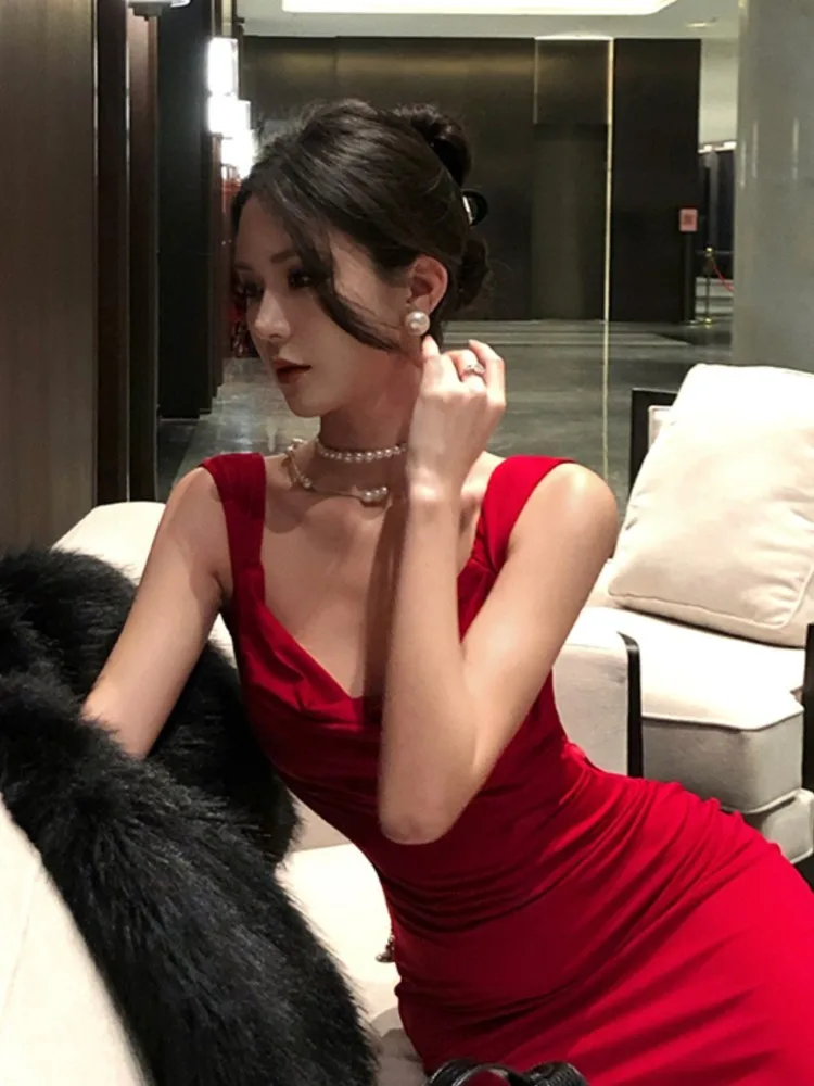 Damska seksowna czerwona sukienka bodycon na ramiączkach spaghetti z odkrytymi plecami, letnia sukienka maxi bez rękawów z kokardą, modna suknia wieczorowa na bal maturalny, vestidos