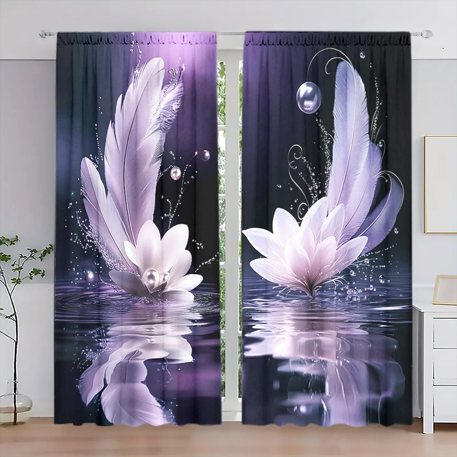 

2pcs Beautiful Feather Art Printed Curtain for Home Decor - Rod Pocket Window Treatment for Bedroom, Office, Kitchen