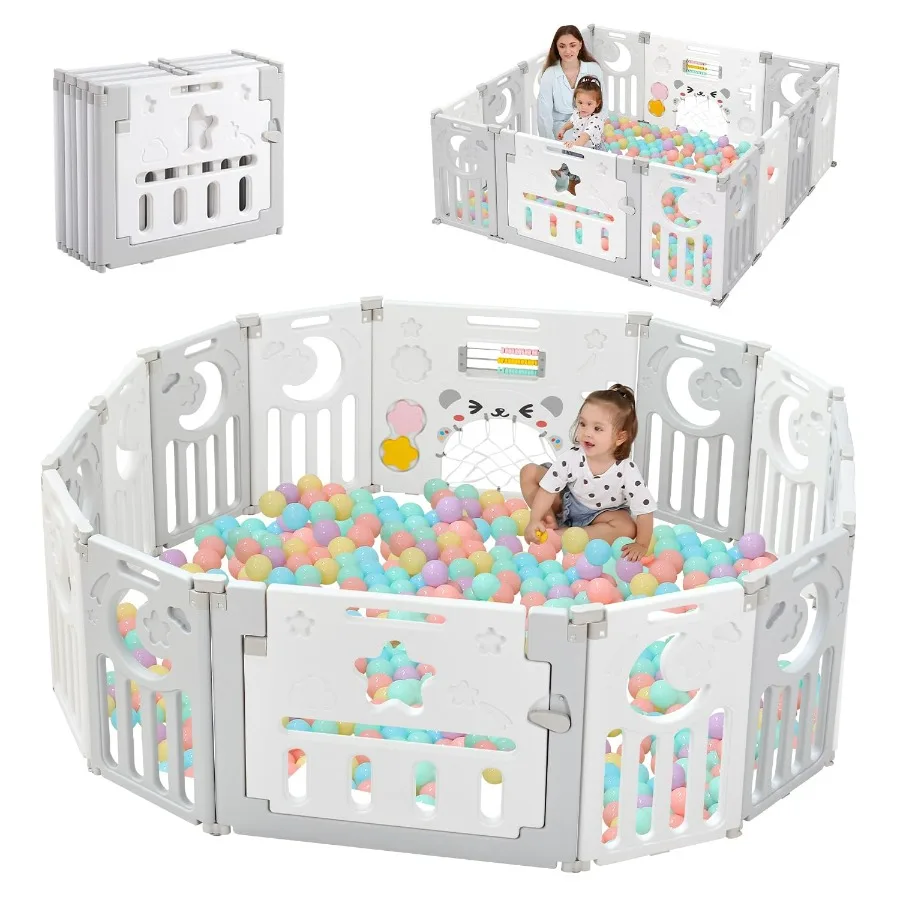 Box per bambini pieghevole con design regolabile a 14 pannelli per uso interno ed esterno Recinzione di sicurezza portatile per bambini Grigio Bianco Gioca A