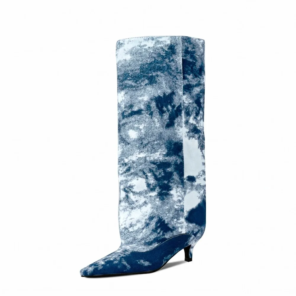 women's-denim-printed-knee-high-boots-with-pointed-low-heels-and-wide-tubes-suitable-for-daily-street-parties-and-dates