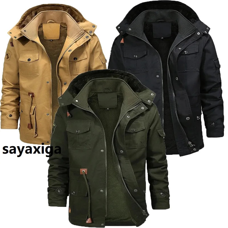 

Winter Fleece Cotton Jacket Men's Motorcycle Jackets Thermal Bomber Jackets Stand Collar Windbreaker Multi-pockets Worker Coats