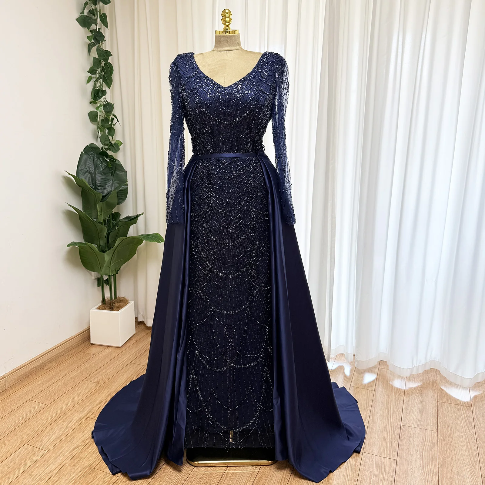 mermaid prom dress with detachable train Dark Green Long Mermaid Satin Beaded Prom Dress with Detachable Train