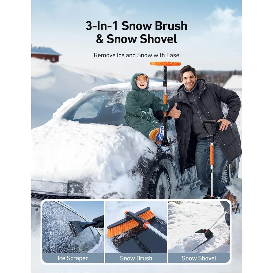 مكشطة ثلج 2 في 1 ومجموعة مجرفة ثلج مع مكشطة ثلج قابلة للتمديد مقاس 47.2 بوصة للزجاج الأمامي للسيارة فرشاة ثلج محورية 360 درجة قابلة للتعديل