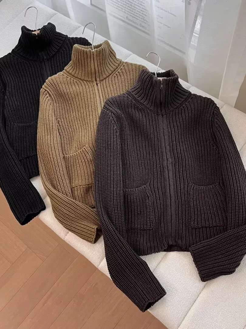 เสื้อโค้ทไหมพรมถักนุ่ม คอตั้งแบบมีซิป สำหรับผู้หญิง รุ่นใหม่ล่าสุด ฤดูใบไม้ร่วง ฤดูหนาว เหมาะสำหรับใส่ไปทำงาน