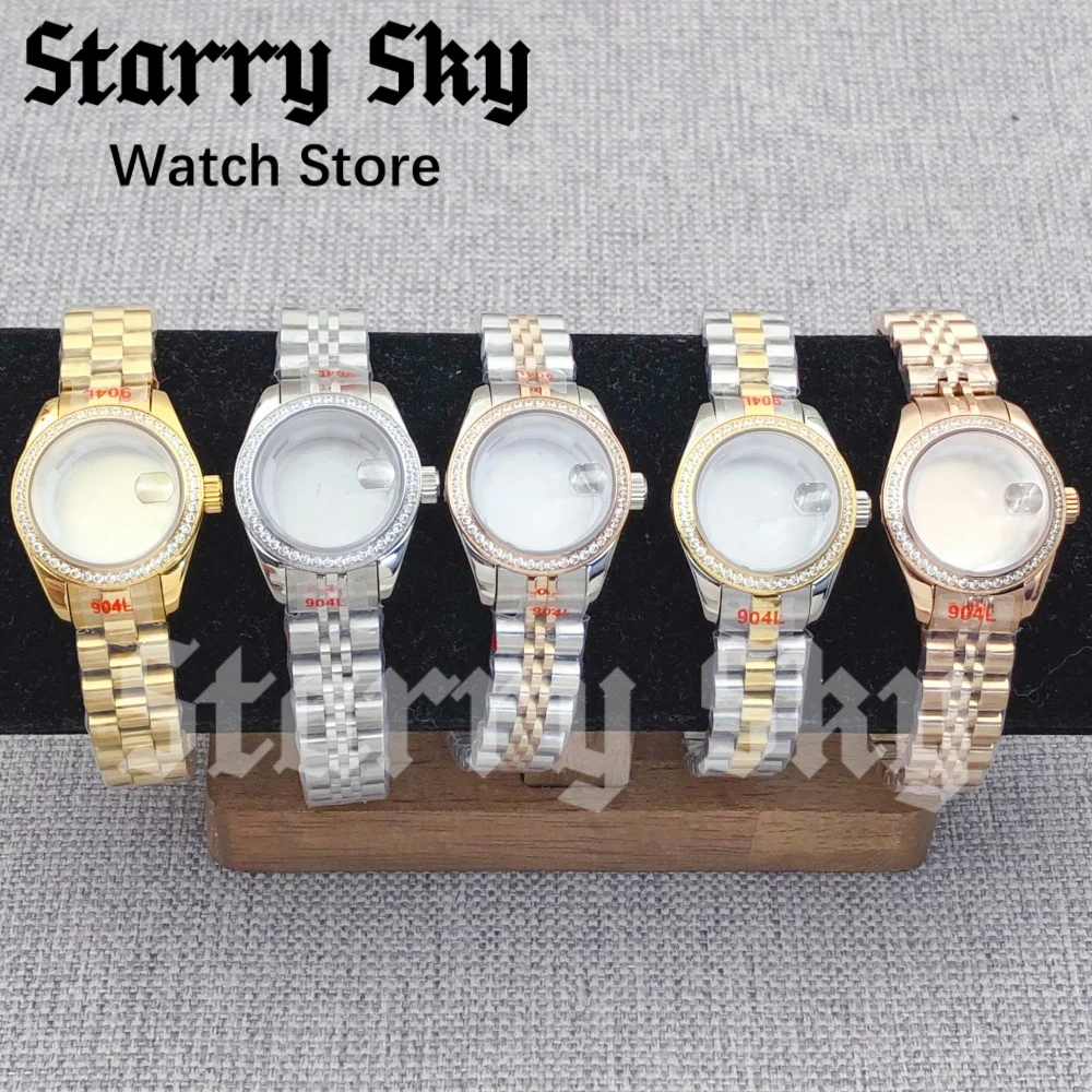 Starry Sky New 28mm Lady's Sapphire Glass Diamond Bezel Diving Watch Case With Watch Strap Fit For NH05 Movement Watch Accessory