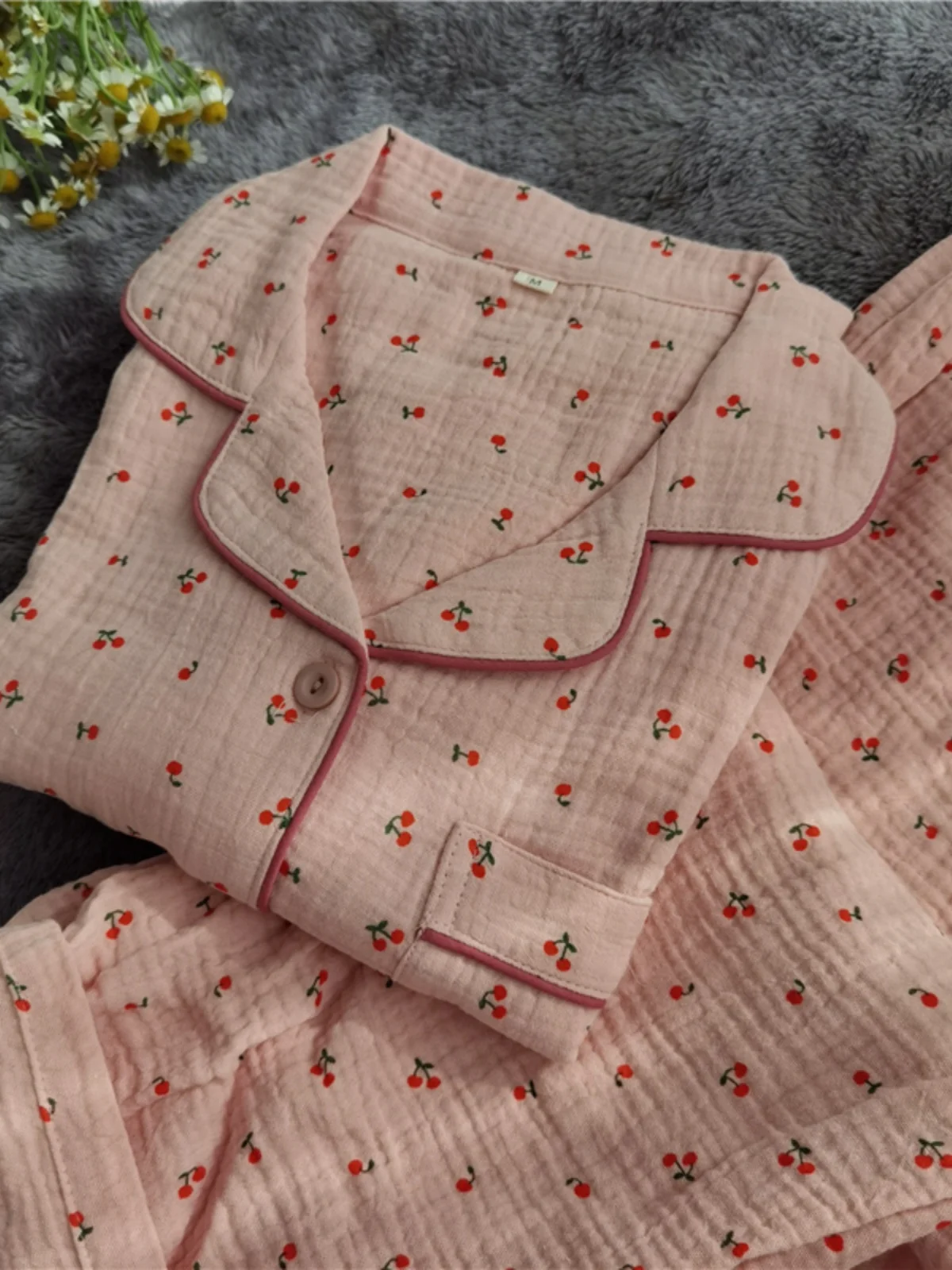 Sweet Cherry Pure Cotton Thin Double Layer Gauze Short Sleeve Long Sleeve Set Sleepwear Home Clothes with Collar for Women