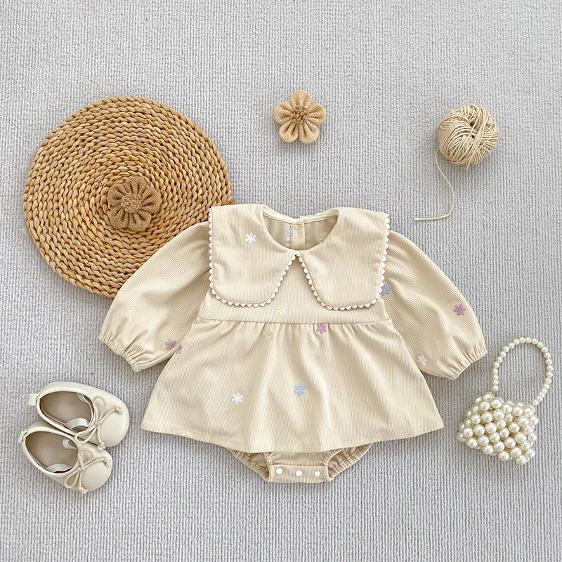 2026 Baby-Mädchen-Stramplerkleid Frühling Herbst Langarm Bunte Blumenstickerei Gestreifter Säuglings-Body Neugeborenes Mädchen 0-24M – Detail 4