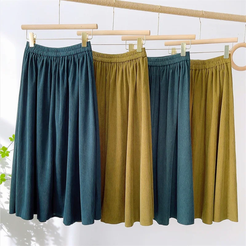 2022 Spring Autumn Elegant Velvet Pleated Skirt Women Elastic High Waist Vintage Skirt Female Midi Long All-match Skirt