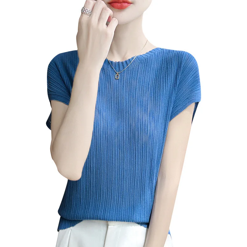 T-shirt a maniche corte slim slim da donna classica versatile semplice tinta unita colletto rialzato pieghettato estate 2025