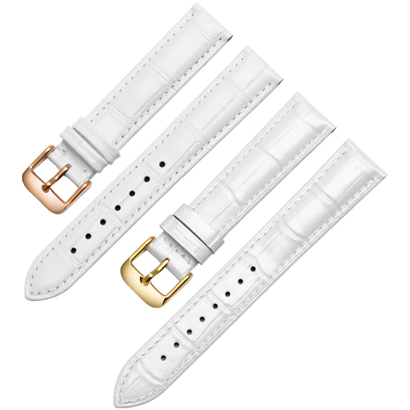 For Tissot Cartier DW White Strap 12m 14mm 15mm 16mm 17mm 18mm 20mm Rose Gold metal Watch buckle Genuine Leather Women Watchband