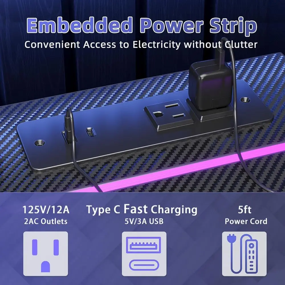 40 مكتب ألعاب مريح من ألياف الكربون مع مصابيح LED ومنافذ طاقة، ومحطة عمل للكمبيوتر الشخصي، وخطاف سماعة الرأس، مثالي للأطفال وغرفة النوم، باللون الأسود
