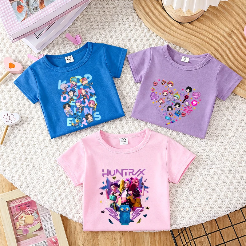 شيطان هنتر الفتاة الوردي تي شيرت القطن لطيف أنيمي مطبوعة الاطفال تيز Y2K Kawaii الشارع الشهير Harajuku قصيرة الأكمام ملابس الصيف #1