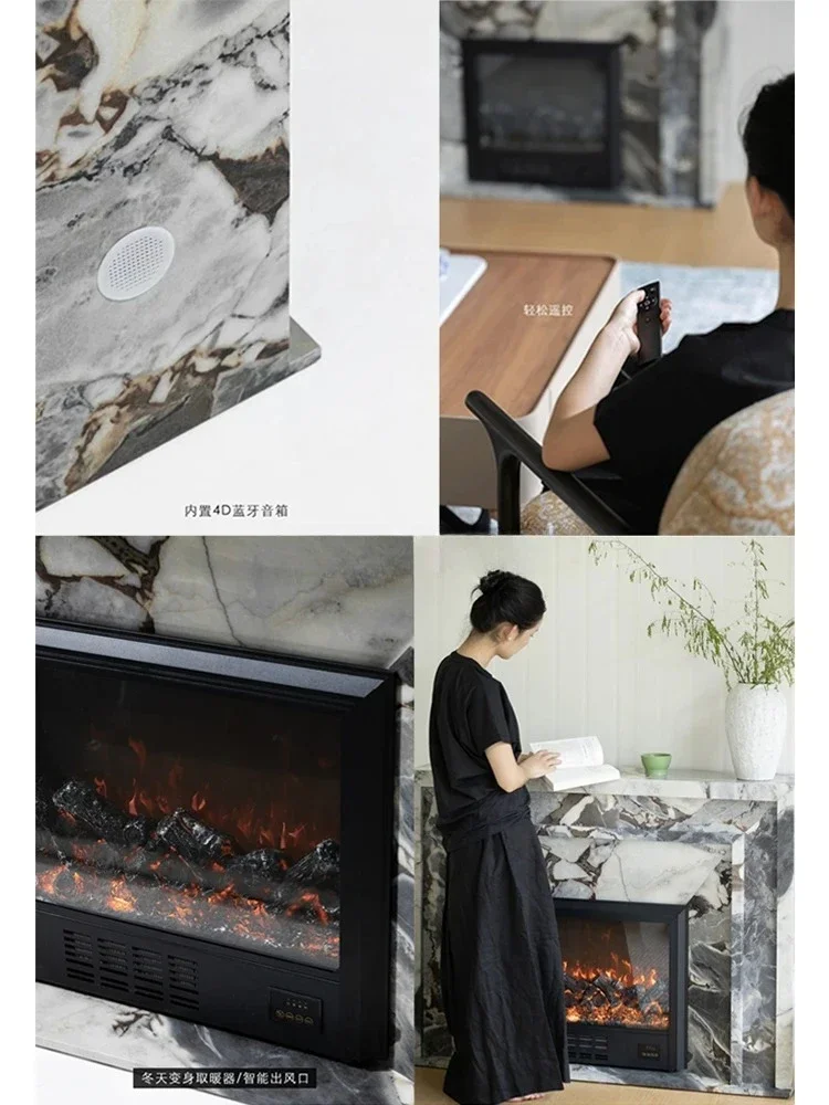 Rare blue grain/Turkish marble feeling simulated fire smart fireplace solid wood storage