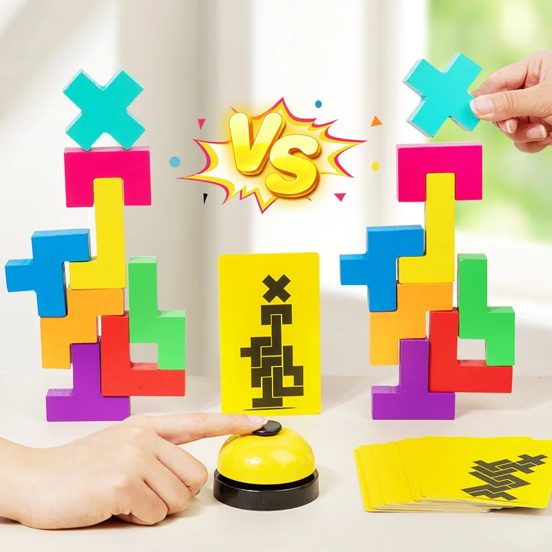 Wooden Shadow Matching Puzzle Montessori Russia Blocks with Card Geometric Shape Sorting Stacking Toys Kids Battle Board Game