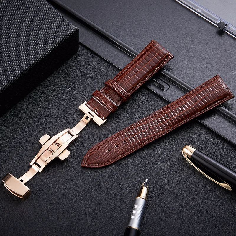 Universal Leather Watchband with Butterfly Buckle Lizard Pattern Leather Watch Band 14mm 16mm 18mm 20mm 22mm 24mm