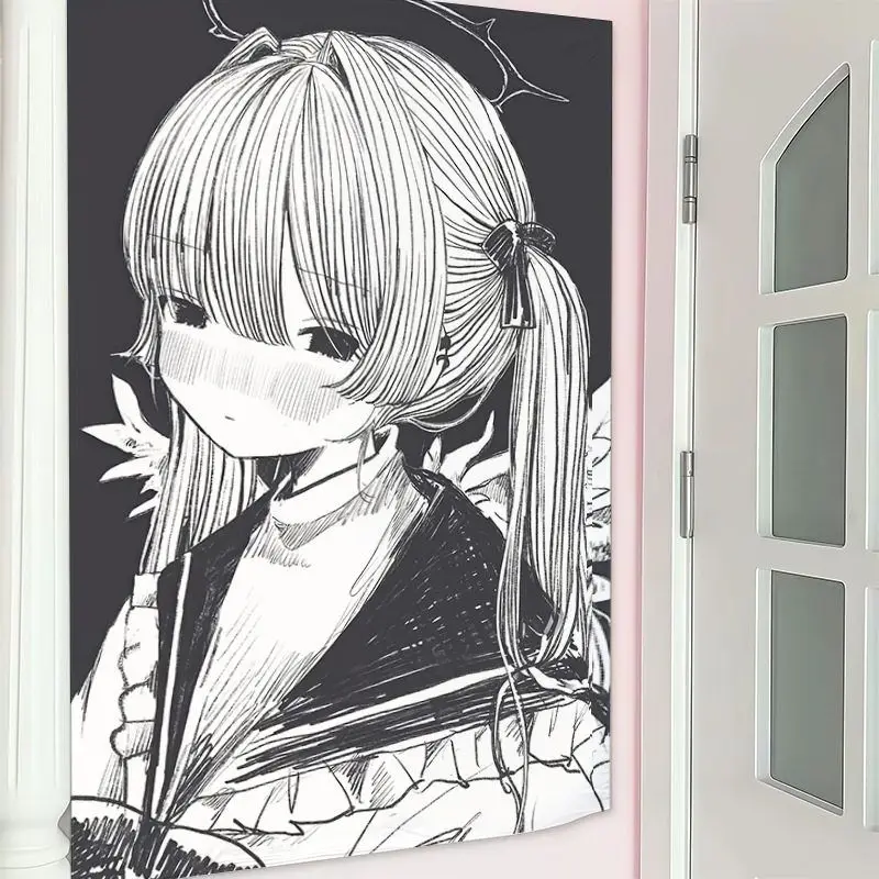 VIKAMA Black and White Cat Ear Girl Tapestry Sweet Cool Japanese Wall Hanging Living Room Sofa Background Wall Room Decoration